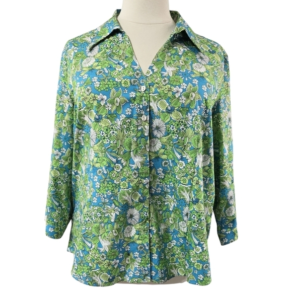 Foxcroft 100% Cotton Wrinkle Free Shaped Fit Blue Green Floral Button-Up Shirt - Picture 1 of 8